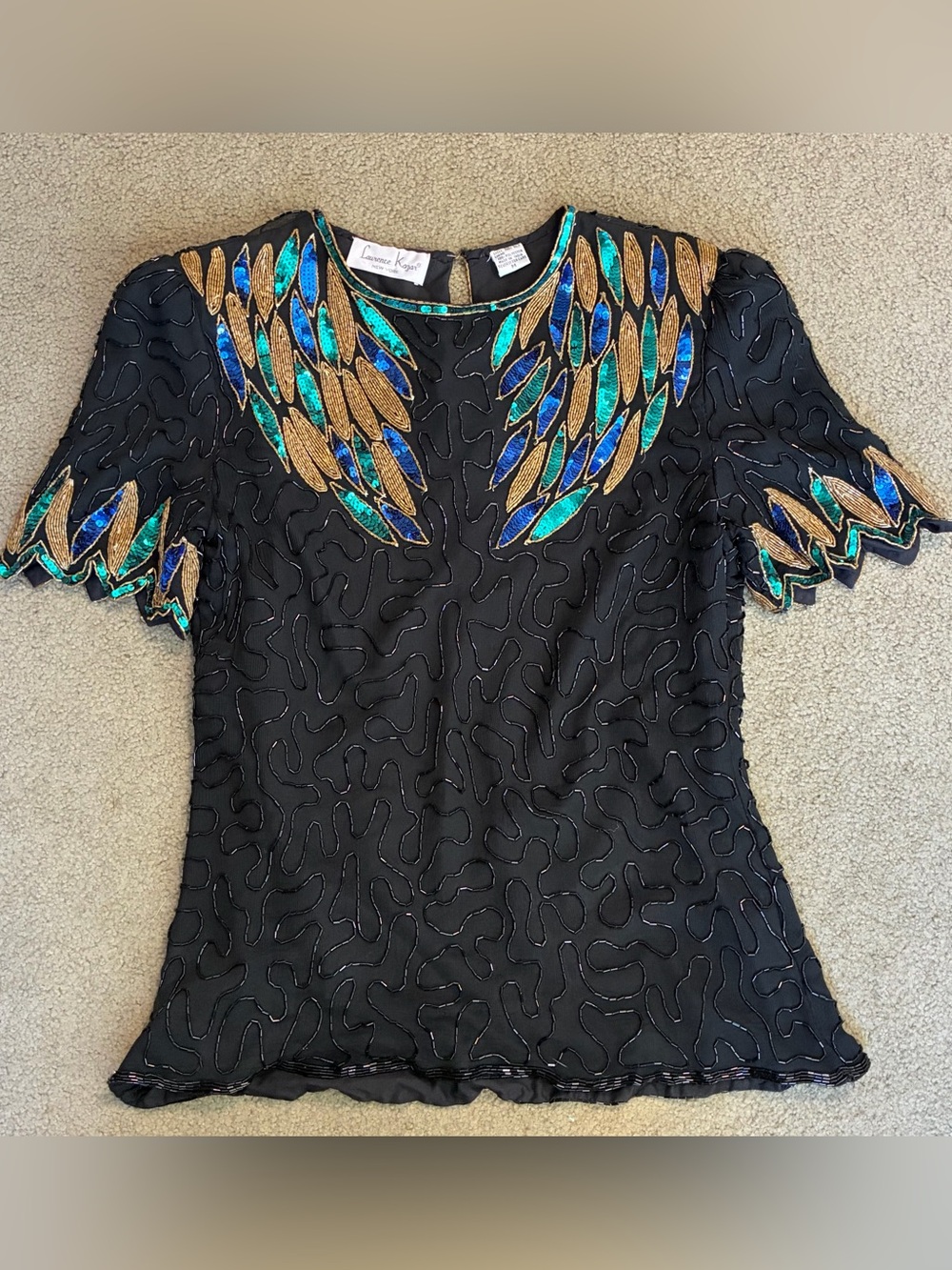 Vintage 80s Lawrence Kazar silk beaded top evening blouse size M shirt